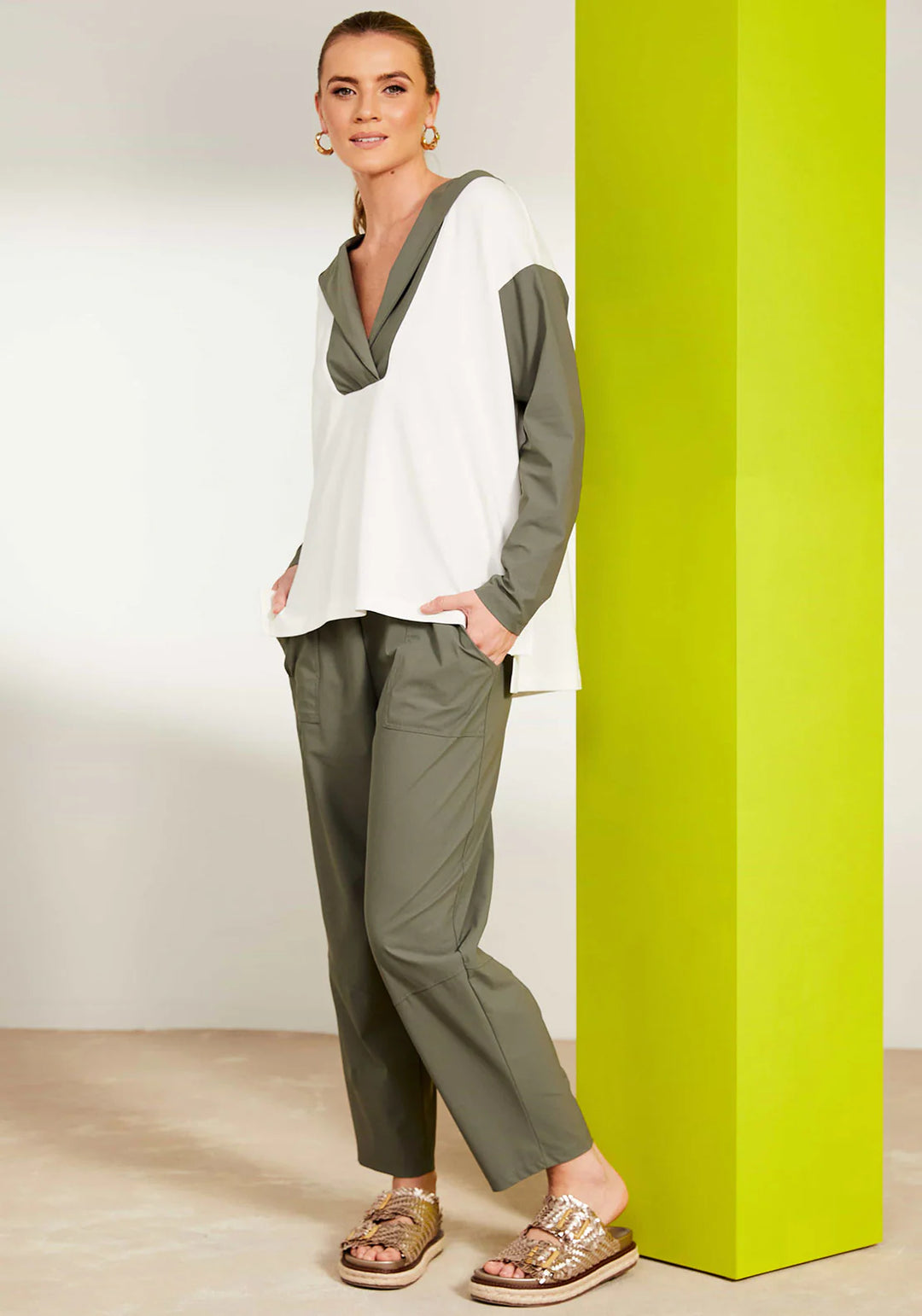 Naya Khaki Green Pull Up Slim Leg Trouser with Patch Pocket