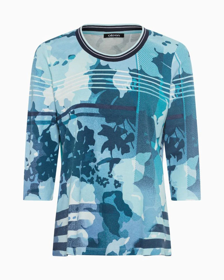 Olsen Ink Blue Floral Print Top