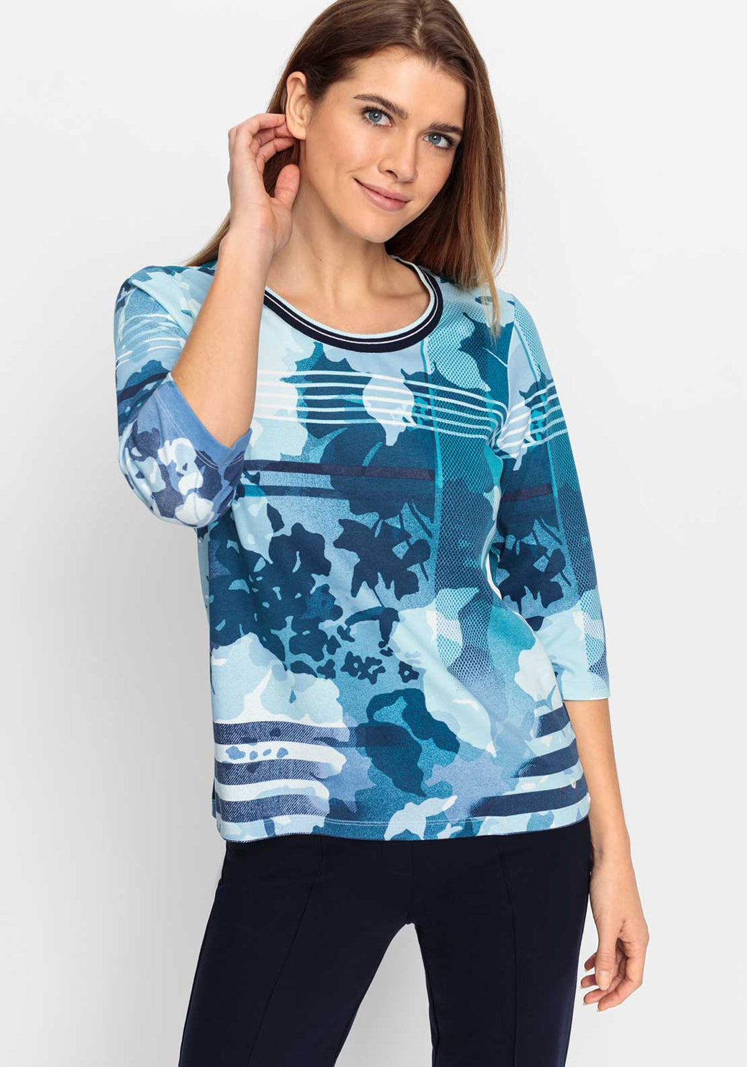 Olsen Ink Blue Floral Print Top